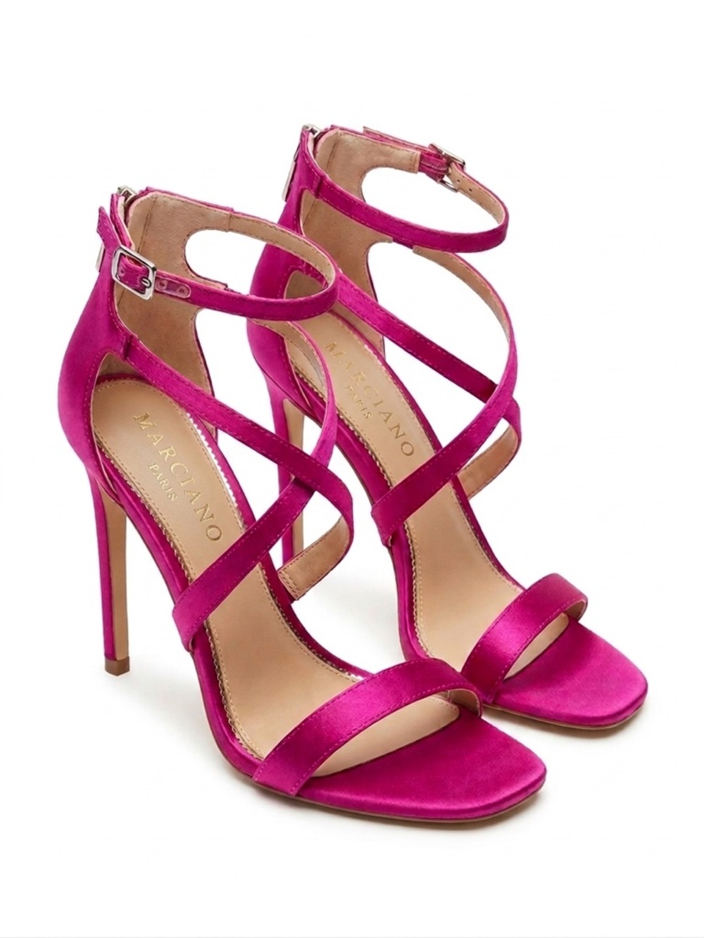 Marciano Hot Pink Satin Strappy Stiletto Sandals